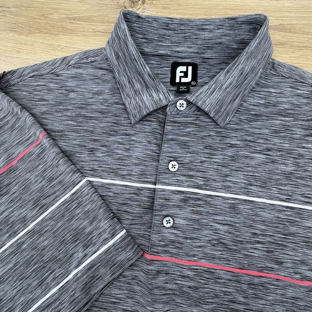 Footjoy Mens XL Heather Gray Striped Red Golf Performance Polo Shirt Stretch